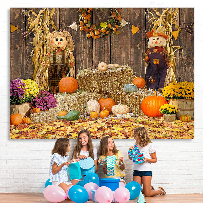 Lofaris Barn Scarecrow Pumpkin and Floral Autumn Backdrop