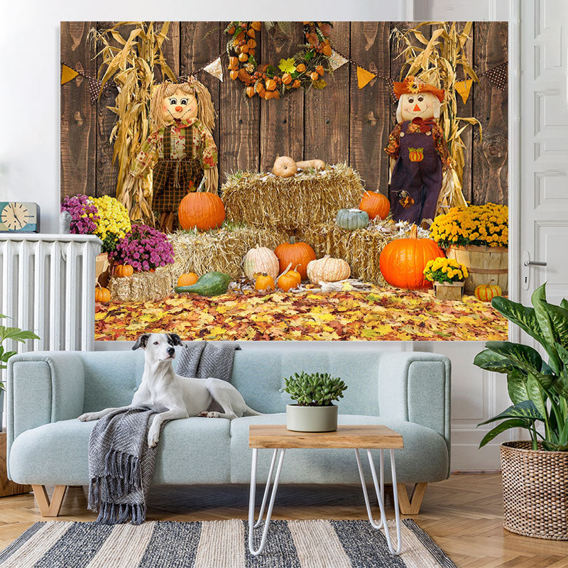 Lofaris Barn Scarecrow Pumpkin and Floral Autumn Backdrop
