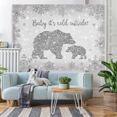 Lofaris Bear Baby Its Cold Outside Silver Snowflake Shower Backdrop