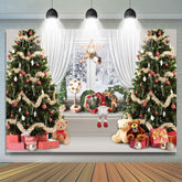 Lofaris Bear Gifts Christmas Tree White Window Snow Backdrop for Party