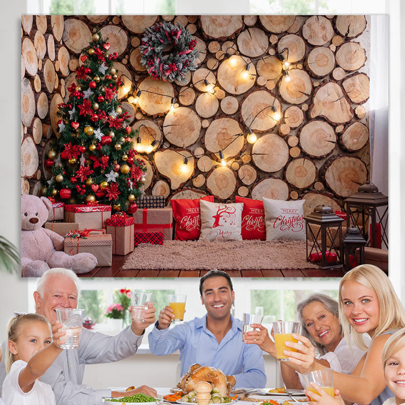 Lofaris Bear Wooden Wall Christmas Tree Lights Photo Scene Backdrop