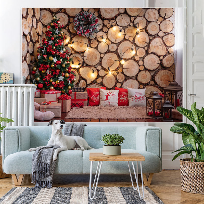 Lofaris Bear Wooden Wall Christmas Tree Lights Photo Scene Backdrop