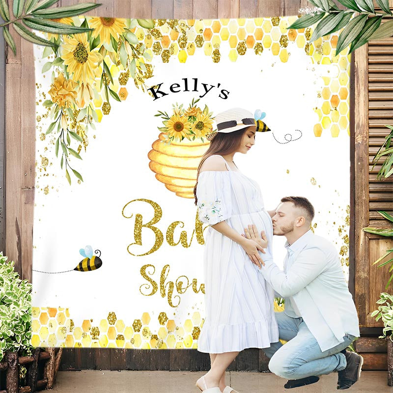 Lofaris Bee Honey Sunflowers White Custom Baby Shower Backdrop