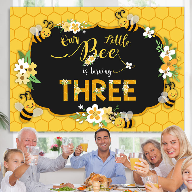 Lofaris Bee Three Summer Yellow Happy 3Rd Birthday Backdrop