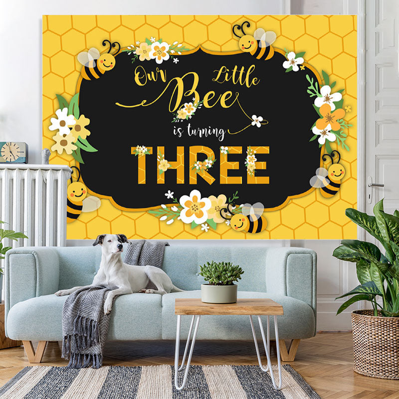 Lofaris Bee Three Summer Yellow Happy 3Rd Birthday Backdrop