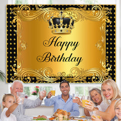 Lofaris Black and Gold Crown Curtain Happy Birthday Backdrop