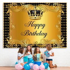 Lofaris Black and Gold Crown Curtain Happy Birthday Backdrop