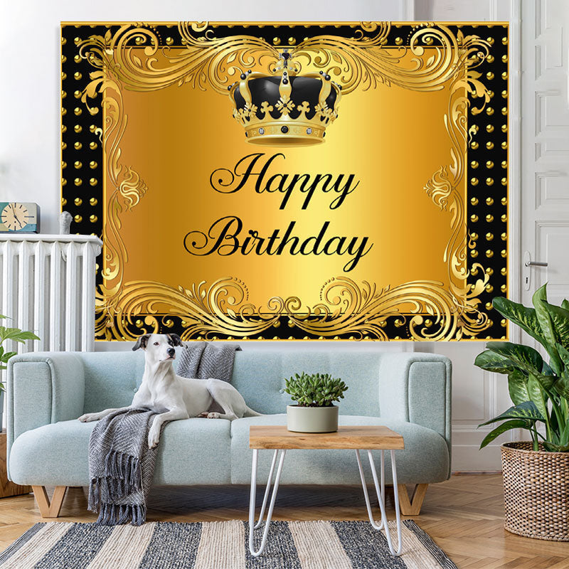 Lofaris Black and Gold Crown Curtain Happy Birthday Backdrop