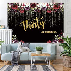 Lofaris Black and Gold Glitter Floral 30th Birthday Backdrop