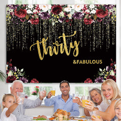 Lofaris Black and Gold Glitter Floral 30th Birthday Backdrop