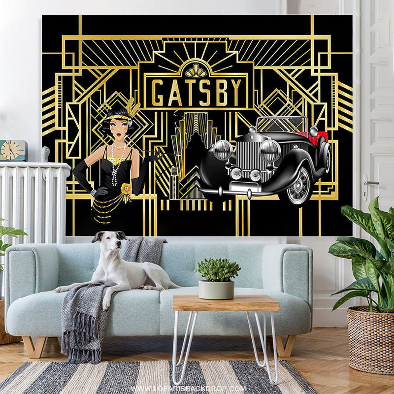 Lofaris Black And Gold Stripes Girl Car Birthday Backdrop