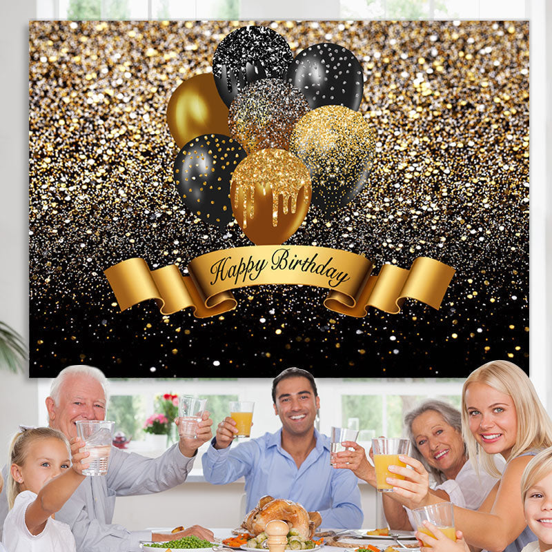 Lofaris Black And Golden Glitter Balloon Happy Birthday Backdrop