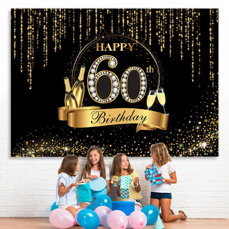 Lofaris Black And Golden Glitter Happy 60Th Birthday Backdrop