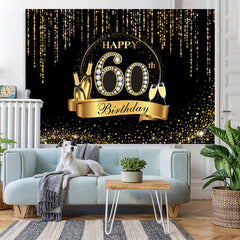 Lofaris Black And Golden Glitter Happy 60Th Birthday Backdrop