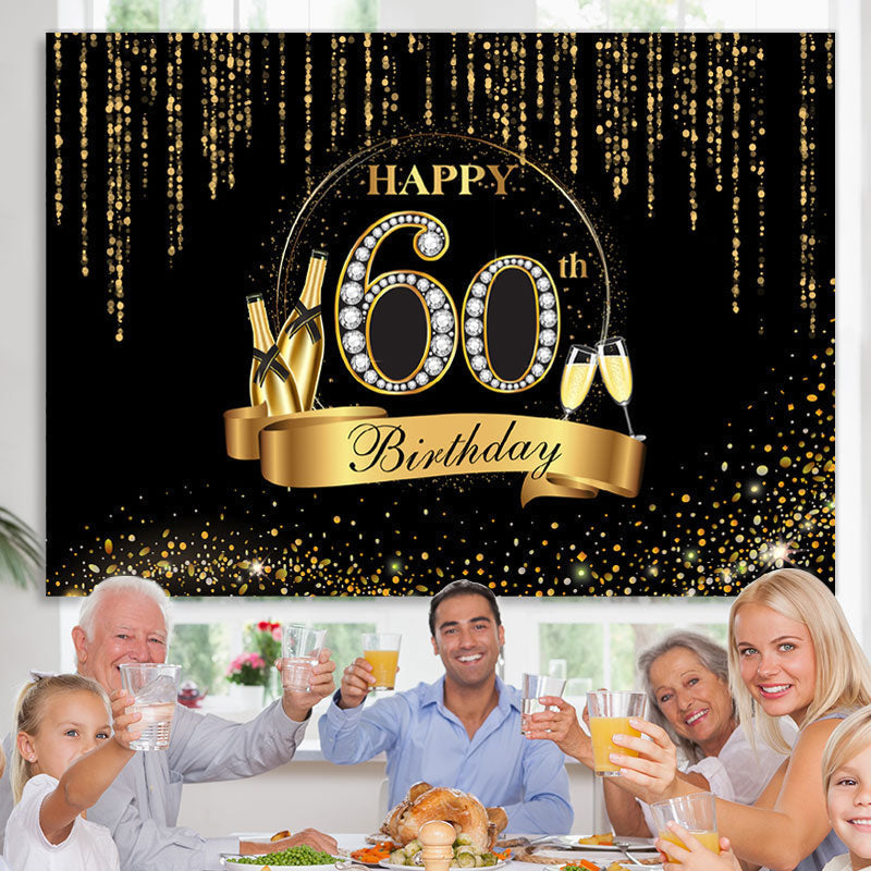 Lofaris Black And Golden Glitter Happy 60Th Birthday Backdrop