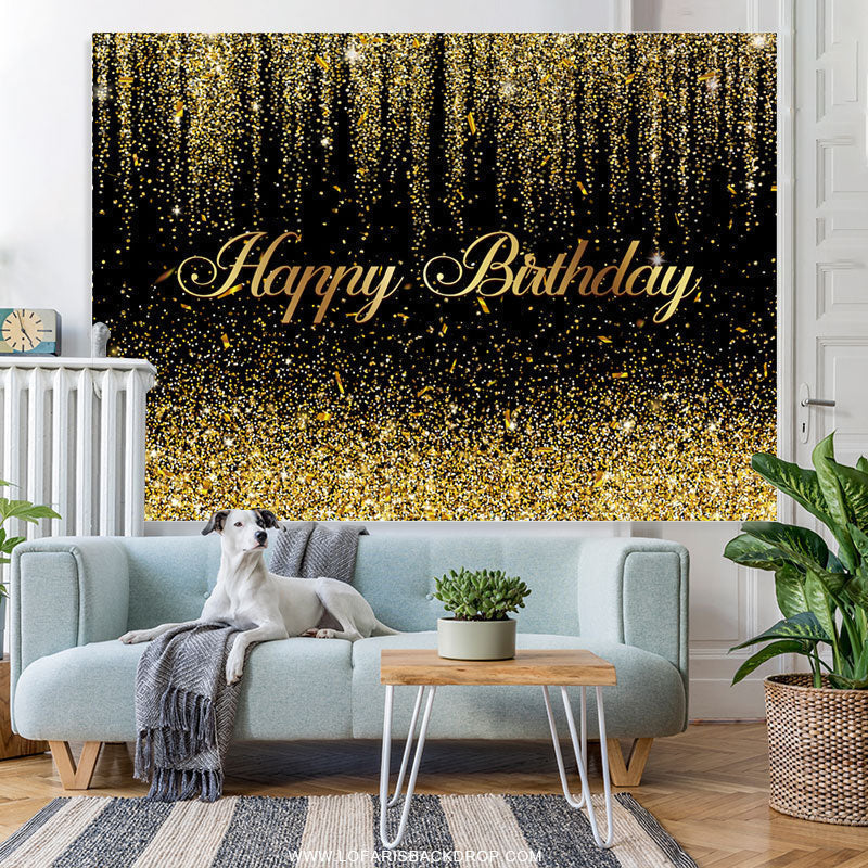 Lofaris Black And Golden Many Ribbons Happy Birthday Backdrop