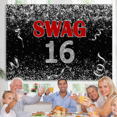 Lofaris Black And Silver Ribbion Swag 16 Birthday Backdrop