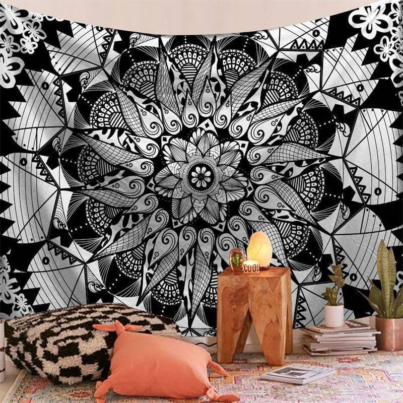 Lofaris Black And White Bohemian Abstract Floral Wall Tapestry