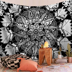 Lofaris Black And White Bohemian Abstract Floral Wall Tapestry