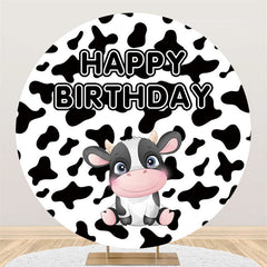 Lofaris Black And White Cow Theme Happy Birthday Round Backdrop