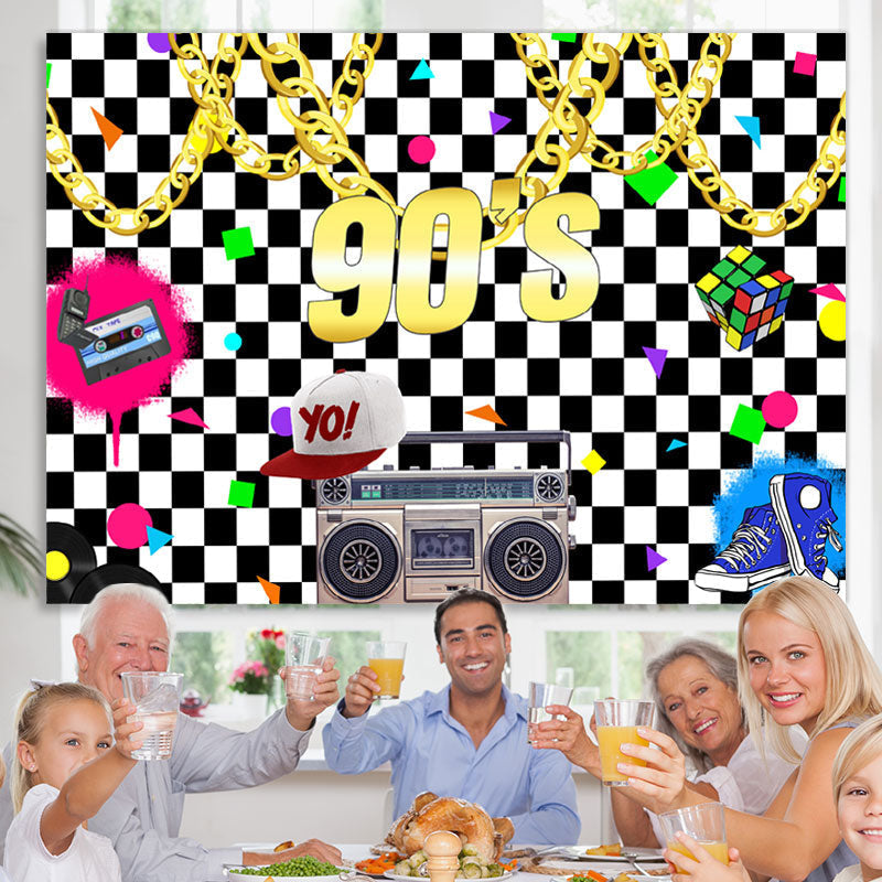 Lofaris Black And White Lattice 90s Birthday Party Backdrop