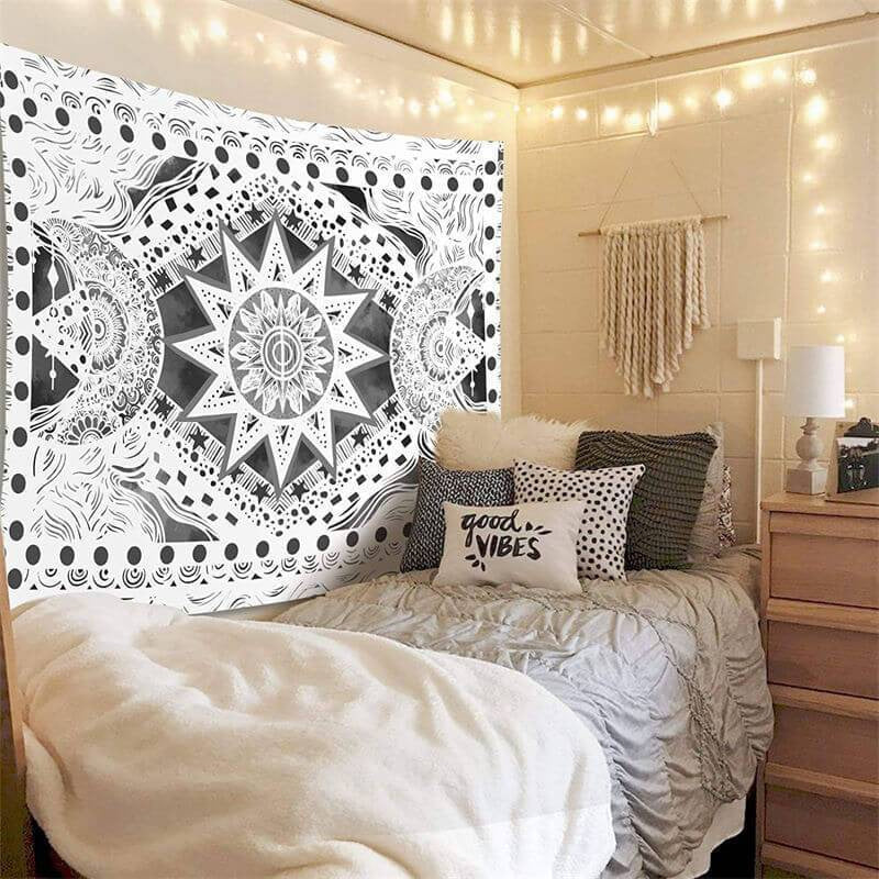 Lofaris Black And White Psychedelic Mandala Wall Tapestry
