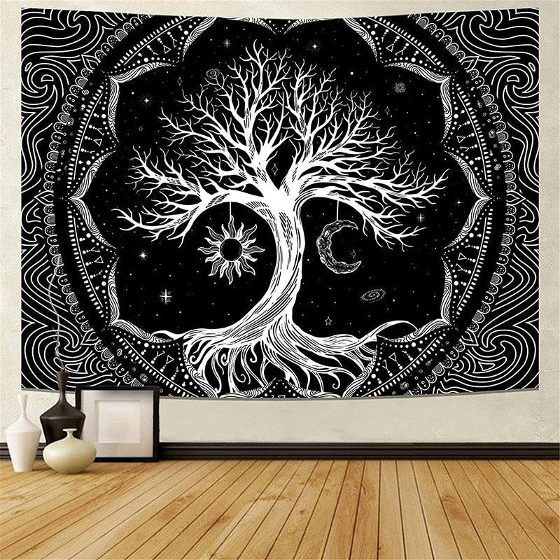 Lofaris Black And White Psychedelic Tree Abstract Wall Tapestry