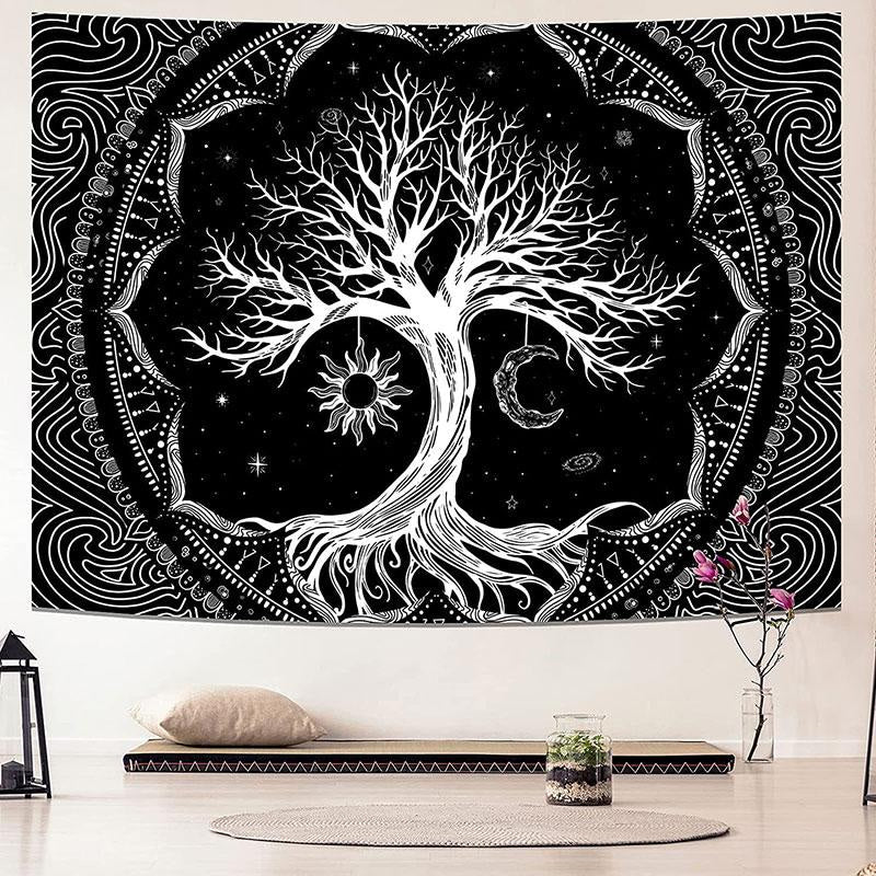 Lofaris Black And White Psychedelic Tree Abstract Wall Tapestry