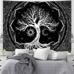 Lofaris Black And White Psychedelic Tree Abstract Wall Tapestry