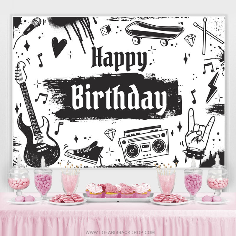Lofaris Black And White Rock Music Birthday Backdrop For Boy