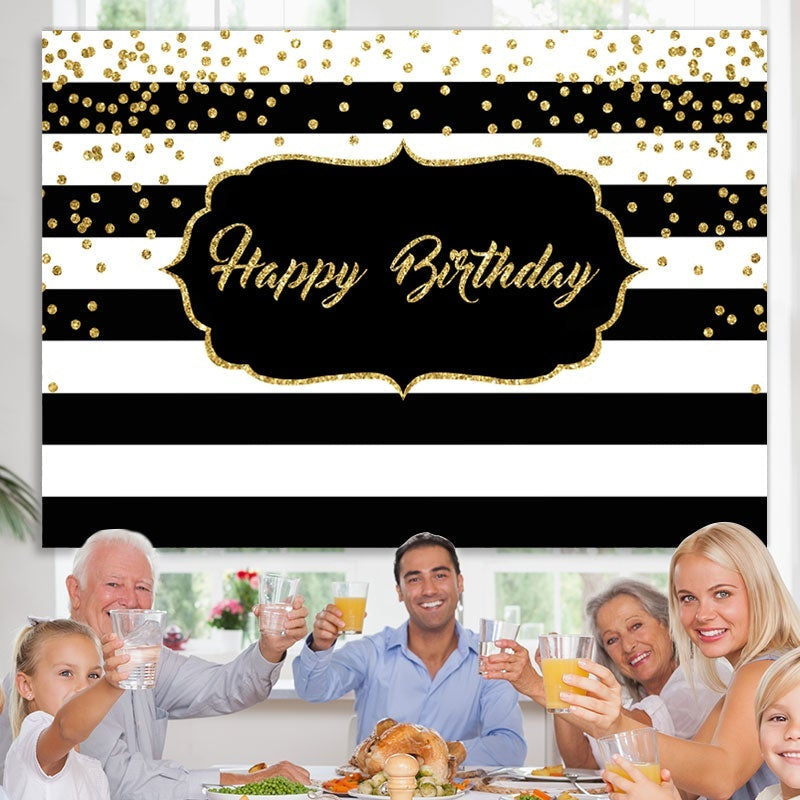 Lofaris Black and White Stripe Glitter Happy Birthday Backdrop