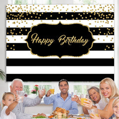 Lofaris Black and White Stripe Glitter Happy Birthday Backdrop