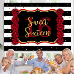 Lofaris Black-And-White Stripe Sweet 16Th Birthday Backdrop