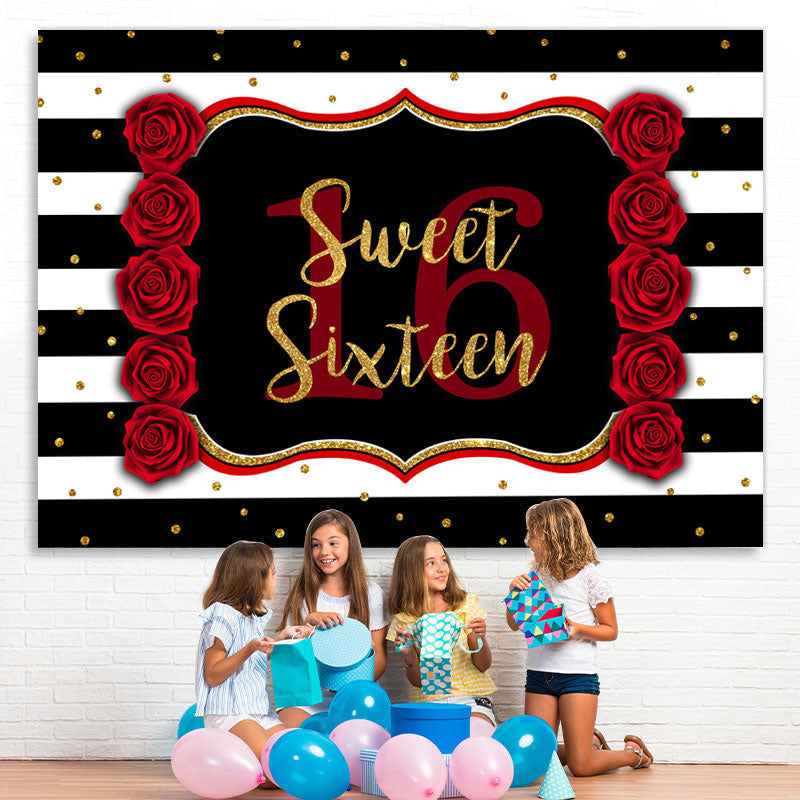 Lofaris Black-And-White Stripe Sweet 16Th Birthday Backdrop