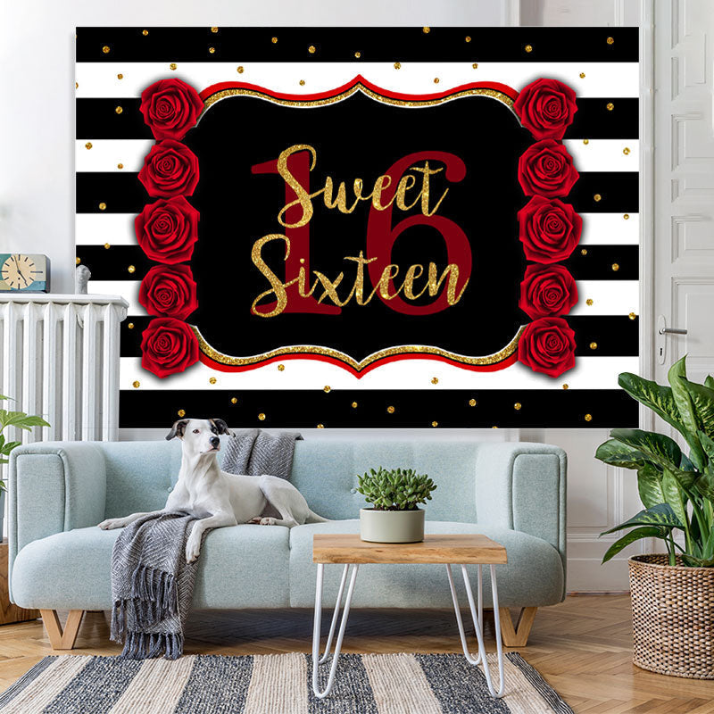 Lofaris Black-And-White Stripe Sweet 16Th Birthday Backdrop
