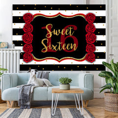 Lofaris Black-And-White Stripe Sweet 16Th Birthday Backdrop