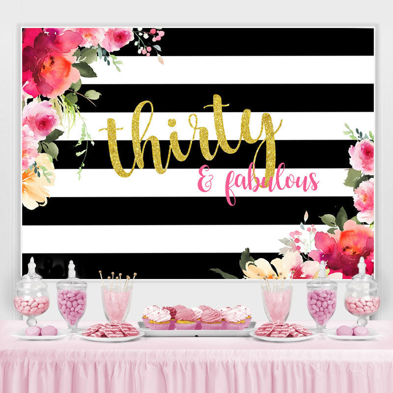 Lofaris Black and White Stripes Floral 30th Birthday Backdrop