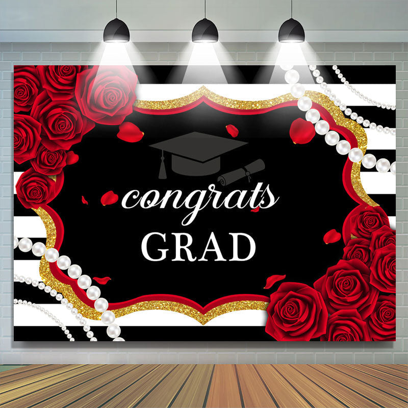 Lofaris Black And White Stripes Red Roses Congrats Backdrop