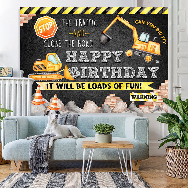 Lofaris Black And Yellow Traffic Theme Happy Birthday Backdrop