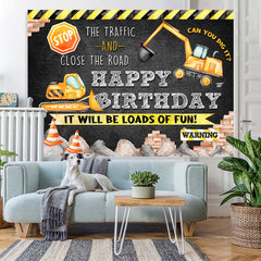 Lofaris Black And Yellow Traffic Theme Happy Birthday Backdrop