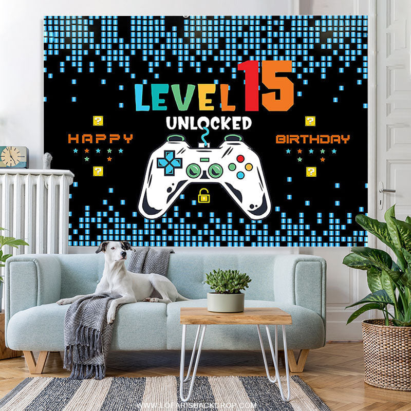 Lofaris Black Blue Level 15 Unlocked Happy Birthday Backdrop