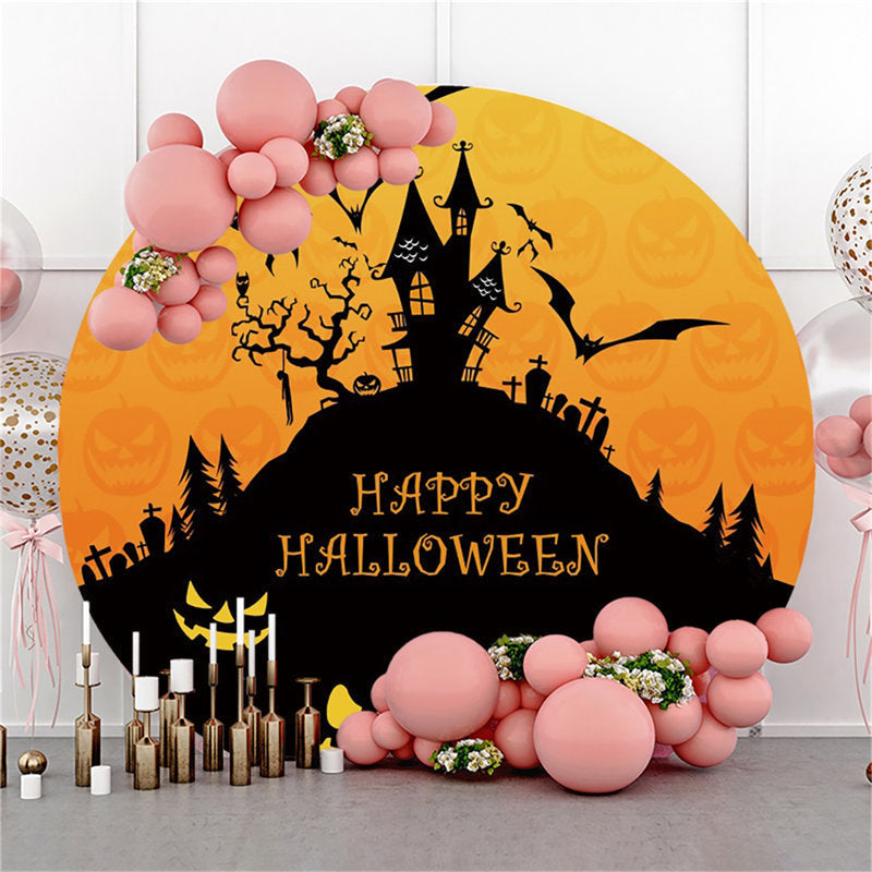 Lofaris Black Castle Bat Pumpkin Happy Halloween Round Backdrop