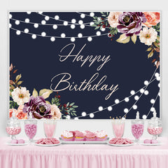Lofaris Black Floral And Glitter Lights Happy Birthday Backdrop