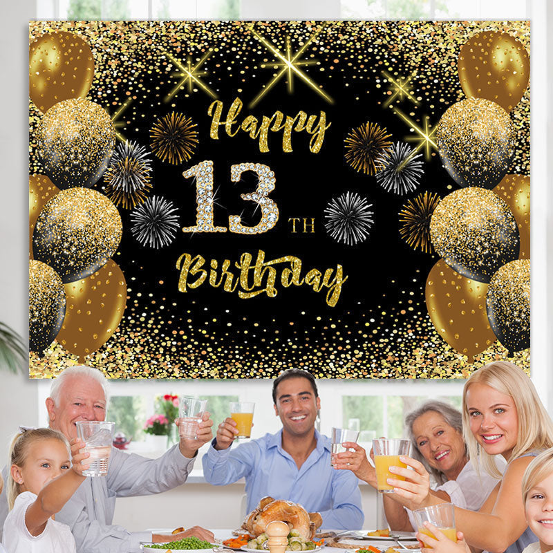 Lofaris Black Gold Balloon Glitter Happy 13Th Birthday Backdrop