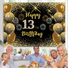 Lofaris Black Gold Balloon Glitter Happy 13Th Birthday Backdrop