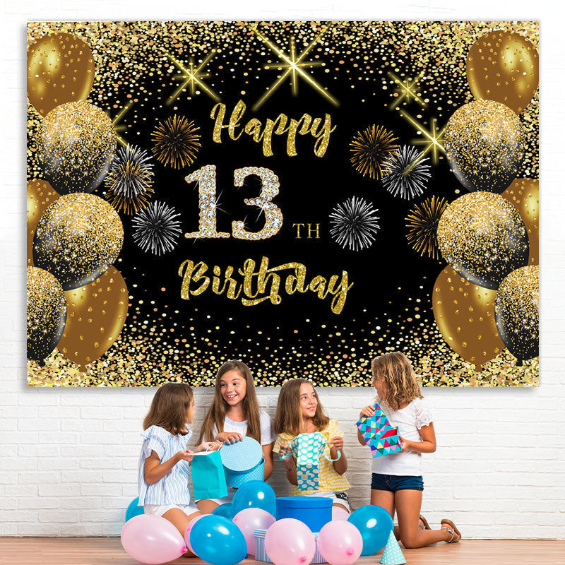 Lofaris Black Gold Balloon Glitter Happy 13Th Birthday Backdrop