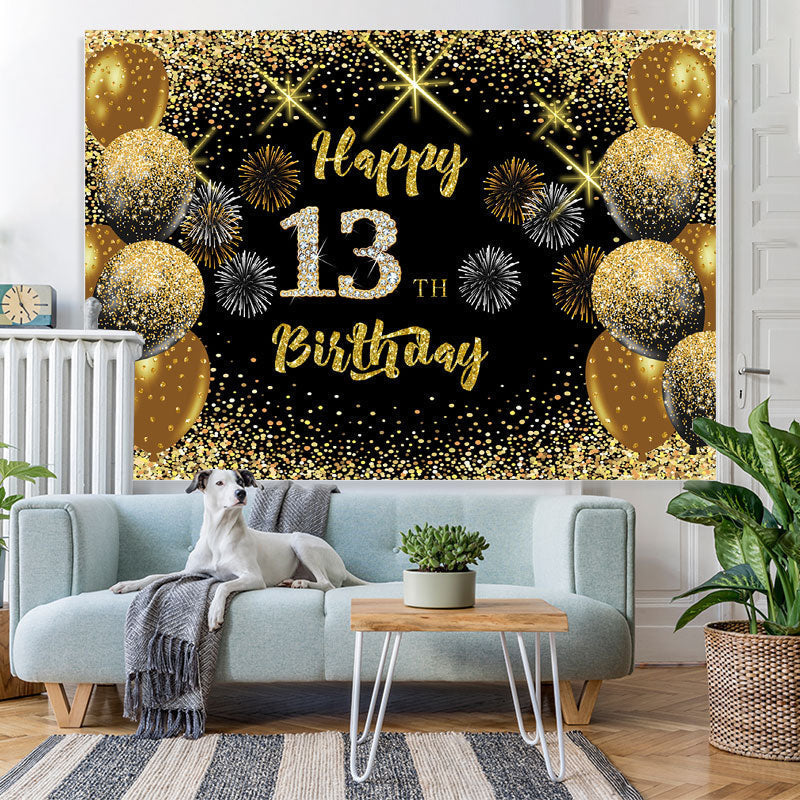 Lofaris Black Gold Balloon Glitter Happy 13Th Birthday Backdrop