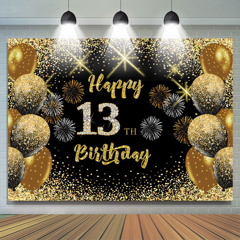 Lofaris Black Gold Balloon Glitter Happy 13Th Birthday Backdrop