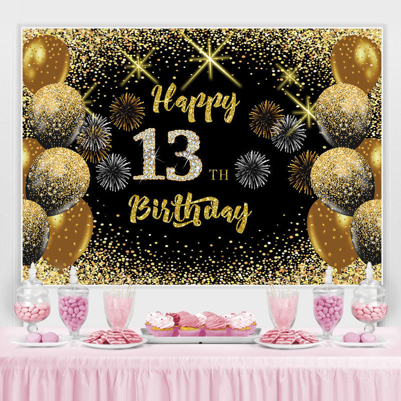 Lofaris Black Gold Balloon Glitter Happy 13Th Birthday Backdrop