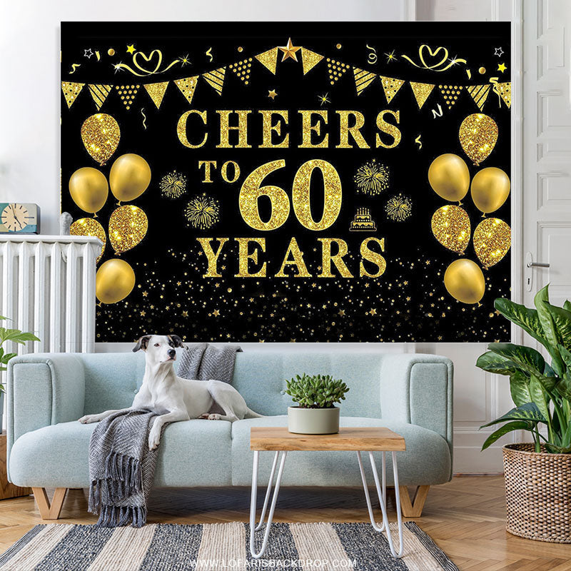 Lofaris Black Gold Glitter Balloon 60th Birthday Backdrop